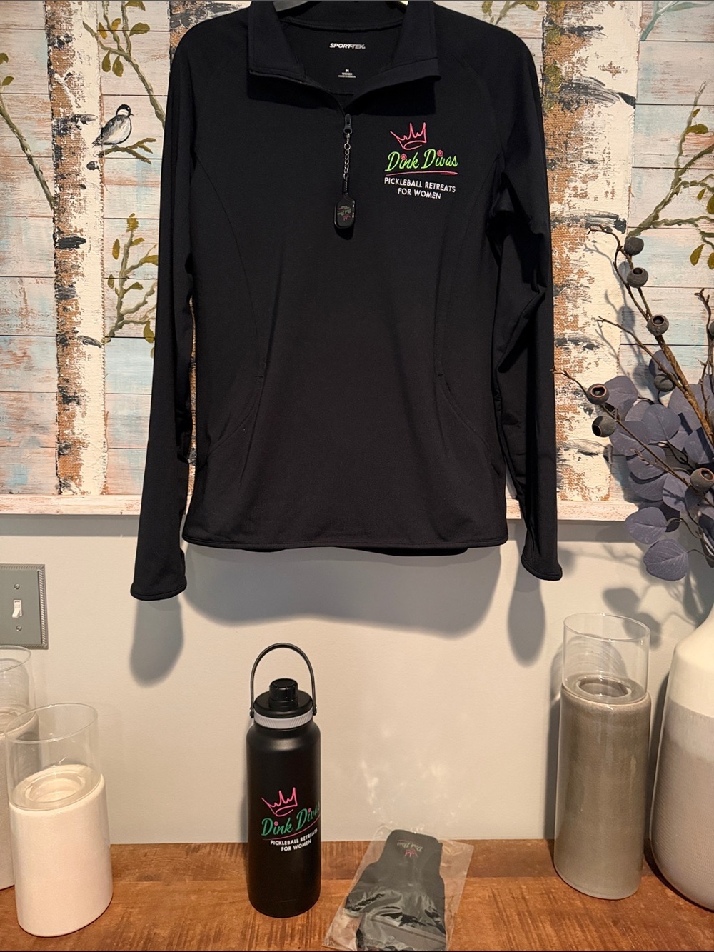 Sport-Tek Women’s Black Quarter-Zip with Pink & Green 'Dink Divas' Logo